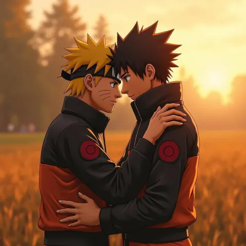 Naruto Embracing Sasuke at Golden Hour