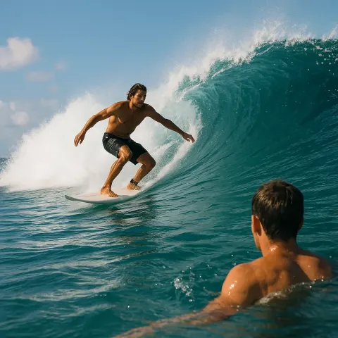 Surfer Gliding on a Wave near the Ocean Surface