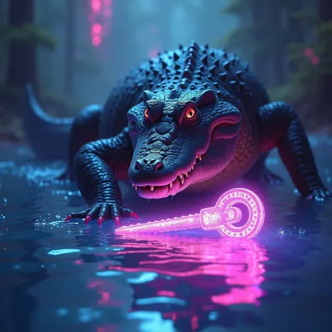 Neon Crocodile Finding a Glowing Lake Key