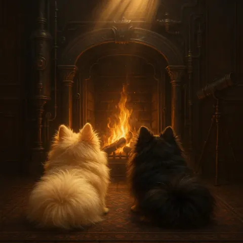 Two Varied Pomeranians from Behind Relax by a Crackling Fireplace