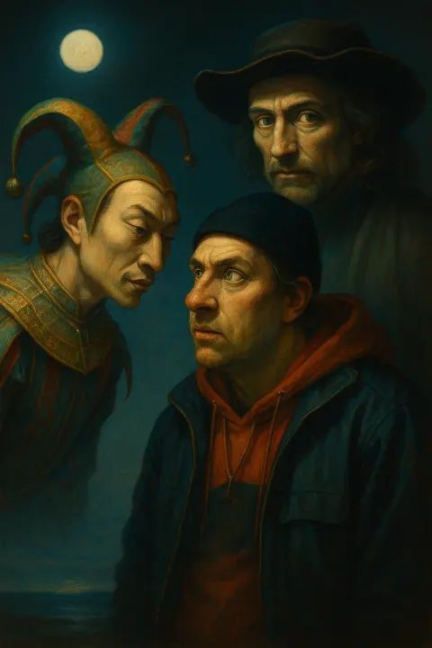 Surrealist Dali-esque Jester with Dark Brown Chocolate Hair