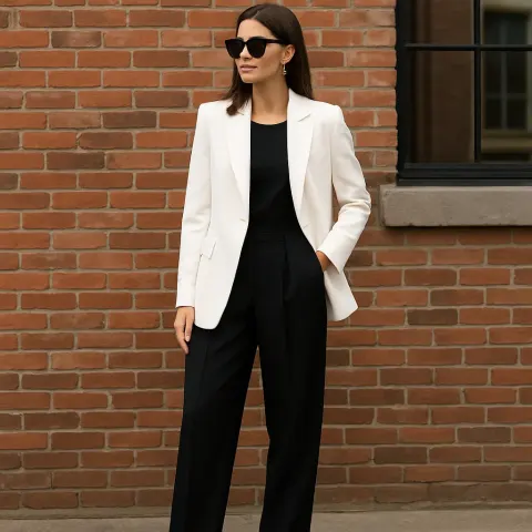 Woman Wearing a Stylish Outfit Featuring a White Blazer
