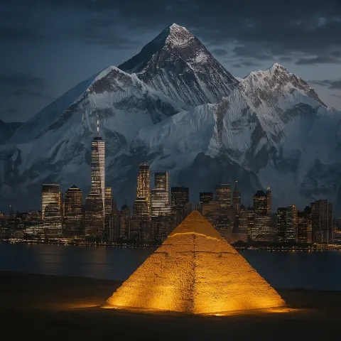 Towering Summit of Mount Everest Looms over Downtown Manhattan's Skyline