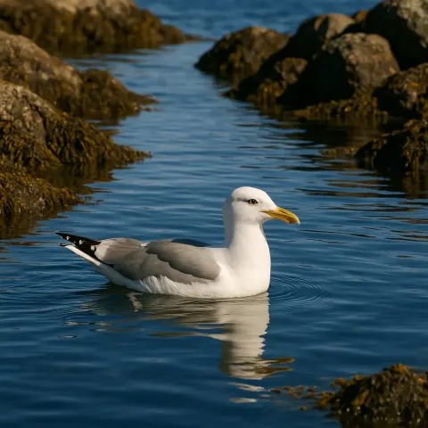 Seagull Swims on Calm Blue Water