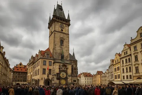 Crowd Gathers near the Historic Old Town Hall