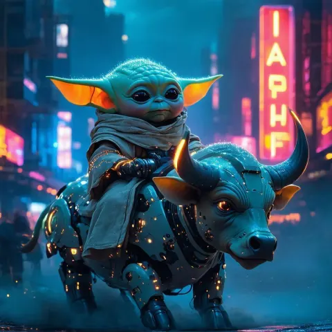 Neon Baby Yoda Riding Appa the Bison