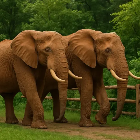 Two Grand Elephants Walking Beside a Wooden Barrier
