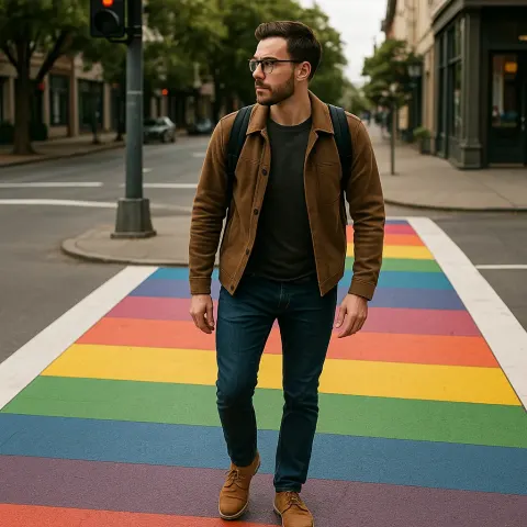 Before Stepping Onto the Vividly Painted Crosswalk