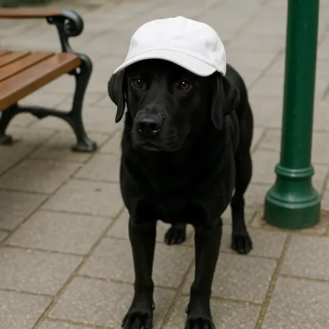 Black Dog Wearing a White Cap Standing on a Paved