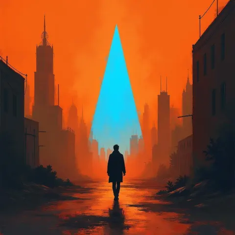 Blue Triangle Ascending Over Orange Painted City