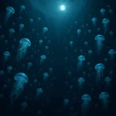 Countless Bioluminescent Jellyfish Drift in Mesmerizing Patterns Through a Vast