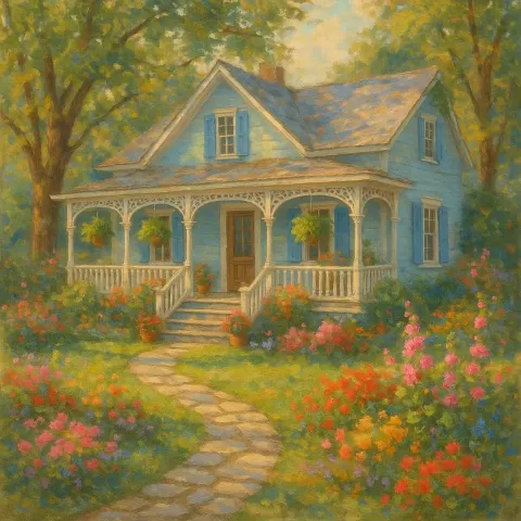 Idyllic Painting Depicting a Pale Blue Country Cottage