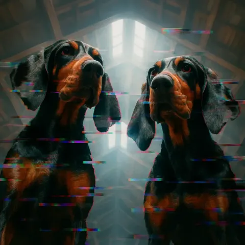 Two Diverse Black-and-tan Coonhounds Glitch with Digital Artifacts