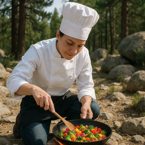 Person Wearing a Chef's Hat Kneels Outdoors and Cooks Colorful