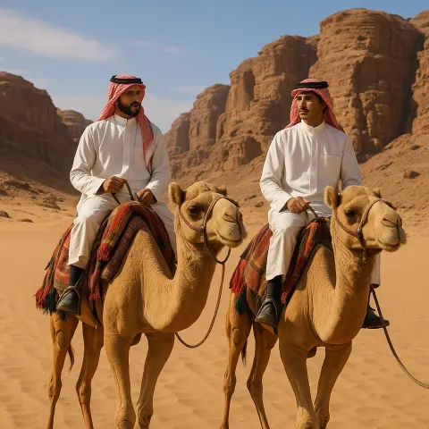 Two Men Wearing Traditional Attire Ride Camels in a Desert
