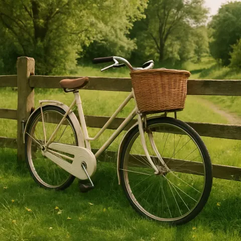 Retro-style Bike with a Wicker Basket Rests Against a Rustic