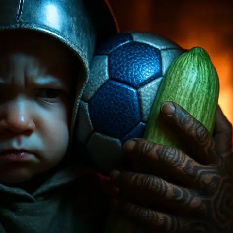 Glint of Armor near a Frowning Toddler's Hooded Eye