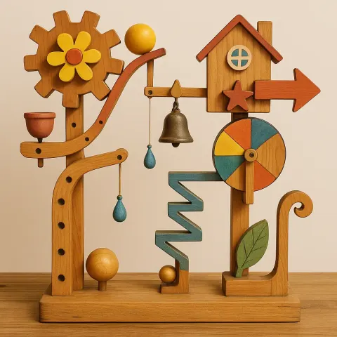 Whimsical Wooden Contraption Designed as a Rube Goldberg Machine