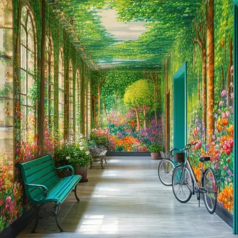 Expressionist Care Home Corridor With Garden Wallpaper