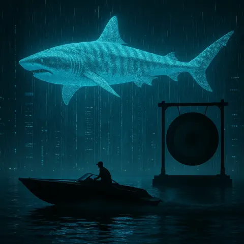 Speedboat and a Massive Gong Are Starkly Silhouetted