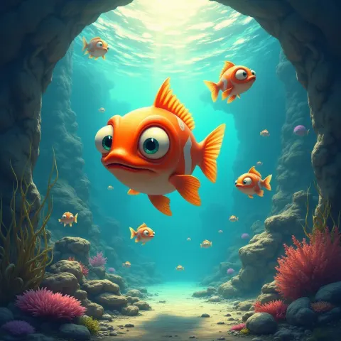 Wide Eyed Manga Fish in Glowing Aquarium