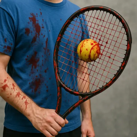 Person Wearing a Blue Shirt Holds a Tennis Racquet