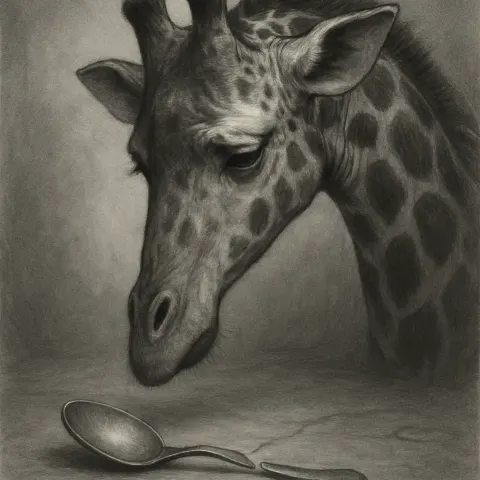 Black-and-white Illustration of a Giraffe Thoughtfully Observing a Damaged Spoon