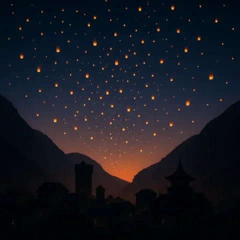 Myriad Tiny Lanterns Ascend into the Twilight Sky