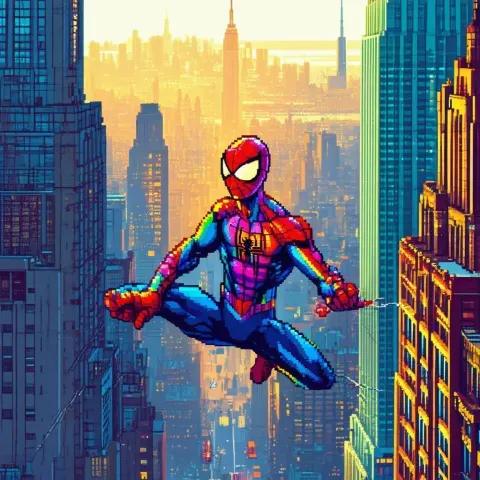 Rainbow Suit Spider Man Swinging Through Pixels