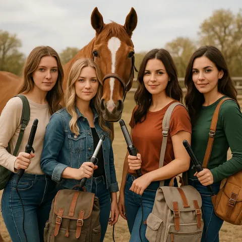 Horse Stands Next to a Group of Women