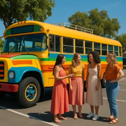 Vibrant Bus Is Stationed Close to a Group of Women