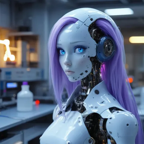 Violet Haired Android Posing in a Lab