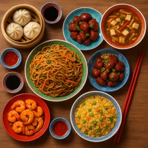Lively Image Featuring Authentic Chinese Dishes Displayed on a Rustic