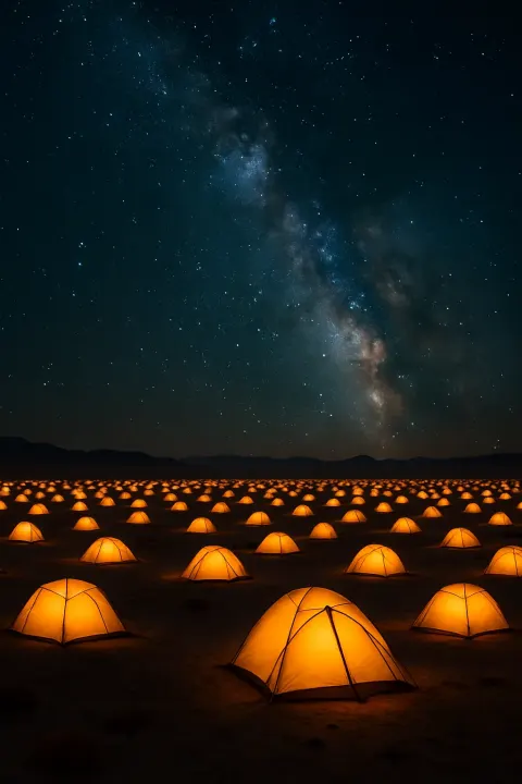 Vast Number of Individual Glowing Tents Forms a Sprawling Encampment