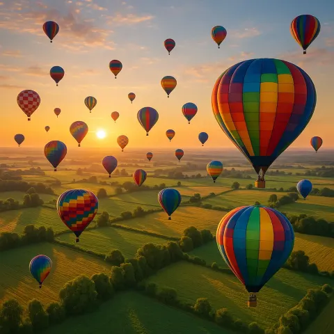 Many Brightly Colored Hot Air Balloons Drift Serenely