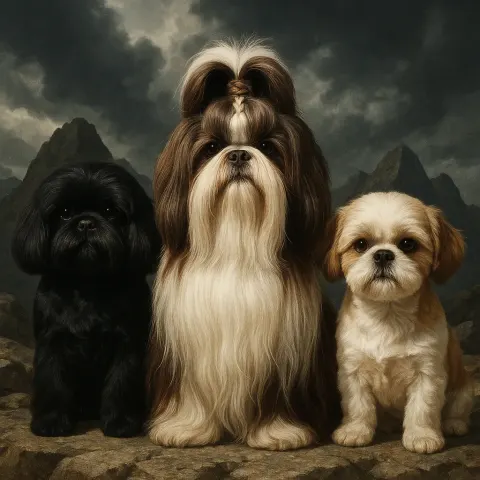 Three Shih-tzu Stand Distinctly Against Dramatic Storm Clouds