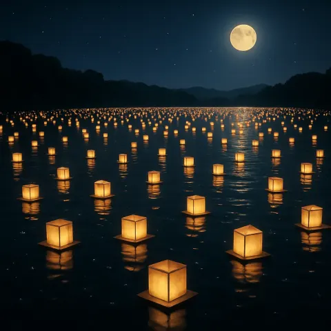 Vast Flotilla of Countless Illuminated Paper Lanterns Drifts Slowly