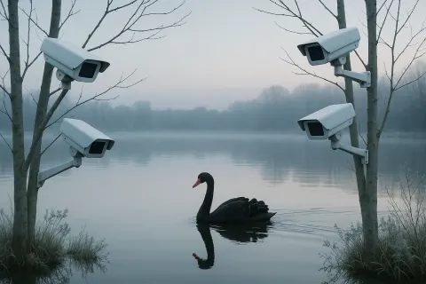 Lone Black Swan Drifts Smoothly Across the Serene Lake