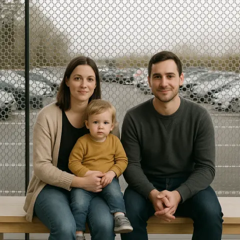 Woman Holding a Child Sits Next to a Man