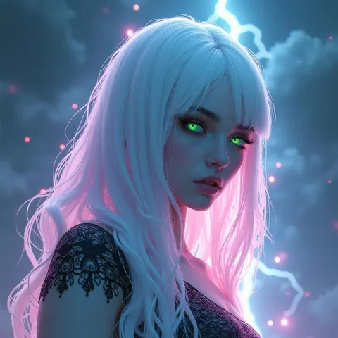 White Ghost in Lace Under Neon Lightning