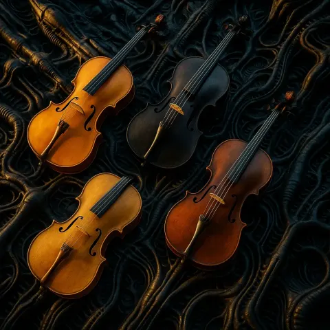 Four Diverse Cellos Lie in a Vibrant Top-down Flat Lay