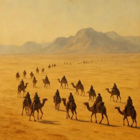 Scattered Procession of Numerous Nomadic Figures on Camels Slowly Crosses