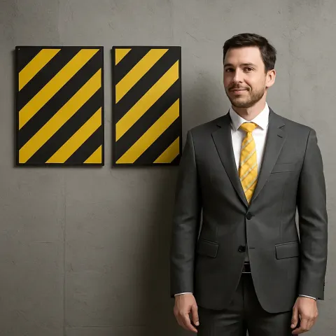 Man Wearing a Gray Suit and Yellow-striped Tie Stands