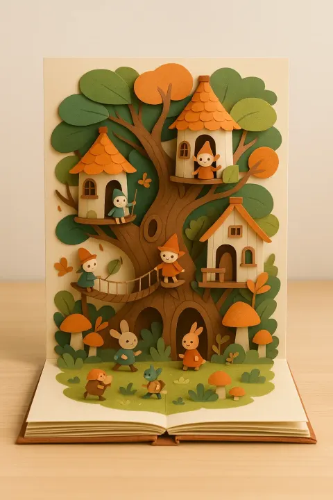 Pop-up Book Featuring a Multi-layered Foldable Paper Sculpture Rests Open