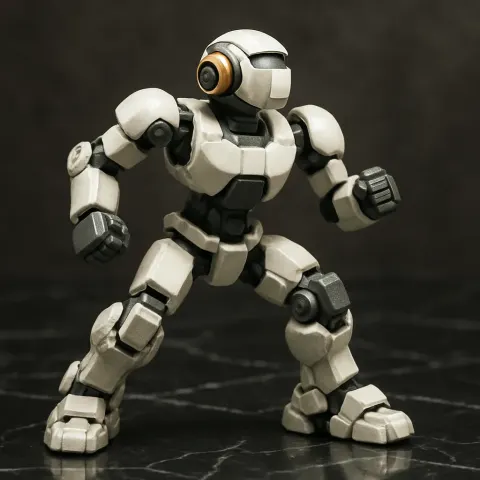 Humanoid Robot Toy Stands Positioned on a Glossy Black Marble