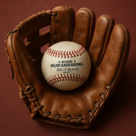 Vintage Leather Baseball Glove Holding an Official MLB Baseball Rests