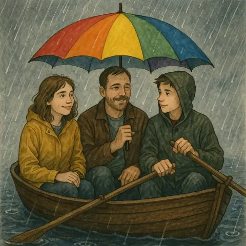 Three Individuals Sit in a Rowboat