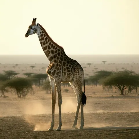 Grainy Giraffe Wandering a Dusty Savanna