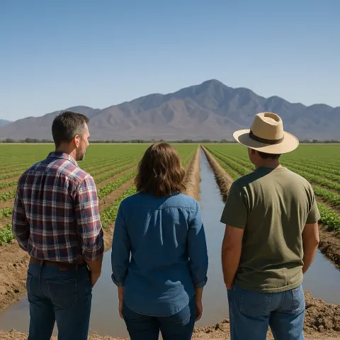 Three Individuals Standing near an Agricultural Field with Irrigation Channels