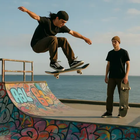 Skateboarder Performs a Trick in Mid-air on a Graffiti-covered Half-pipe